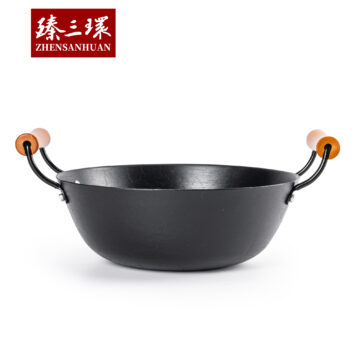 ZhenSanHuan Handmade Cast Iron wok no coating no Painting Healthy Wok Flat Bottom, induction suitable